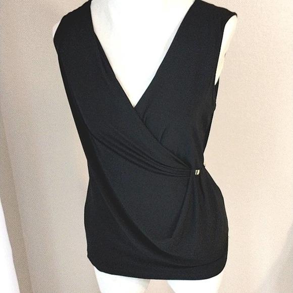 Calvin Klein BLACK Sophisticated V-Drop CAREER Top BLACK Sleeveless Gold Sz S - Picture 2 of 12